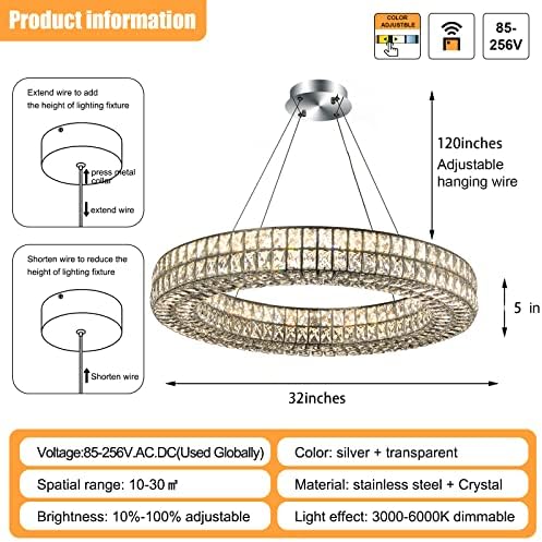 Idequy LED 32 прстен кристален лустер, модерни лустери осветлување и висечки прстен прилагодлив, не'рѓосувачки челик тавански тела за светло