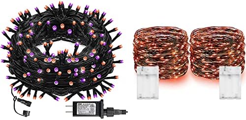Blight Bright 2 Pack 20 ft 60 LED Bopper Wire Wire Battery управувани самовила + 300 LED 100ft виолетова и портокалова жица светла