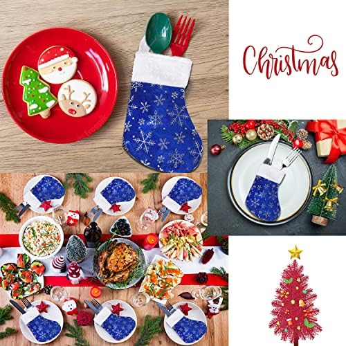 Ломимос 12 парчиња мини Божиќ висино порибување, Божиќни мали сини чорапи, држач за прибор за јадење торбички со сребрена снегулка