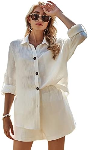 Копче за обична облека за жени во Лајанер надолу со кошула со долги ракави и еластични половини кратки панталони