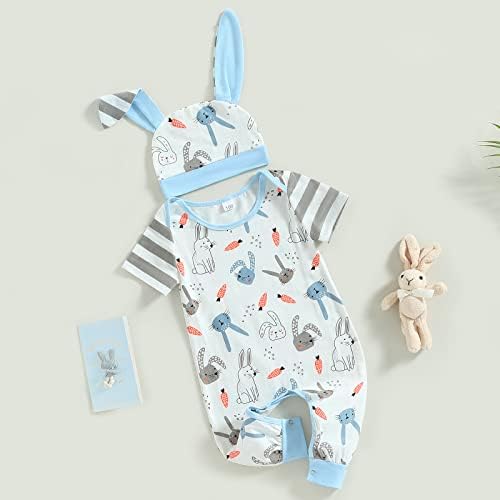 Бебе момче девојче Велигденска облека за новороденче за зајаче, ромпер, мојата прва велигденска облека со капа за уво од зајаци