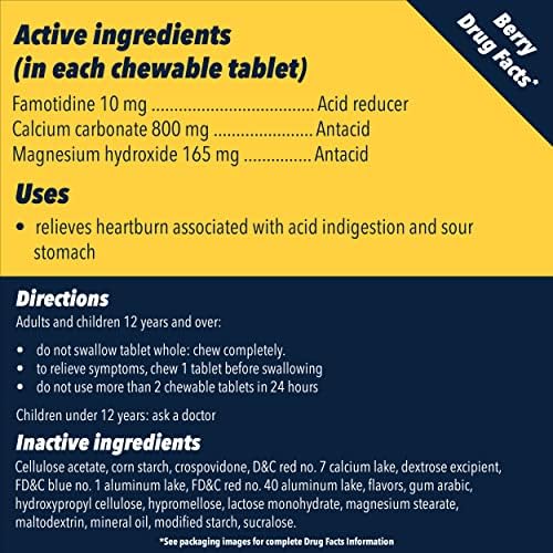 Пепцид Комплетен Редуктор На Киселина + Антацидни Џвакања, 10 мг Фамотидин, 800 мг Калциум Карбонат &засилувач; 165 мг Магнезиум Хидроксид