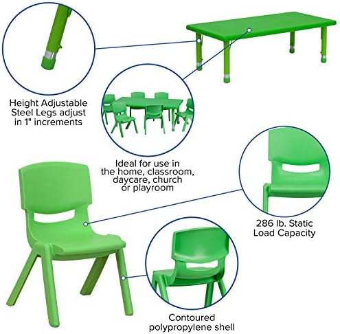 Флеш Мебел 24 В х 48 Л Правоаголни Зелени Пластични Висина Прилагодливи Активност Маса Во собата со 6 Столици