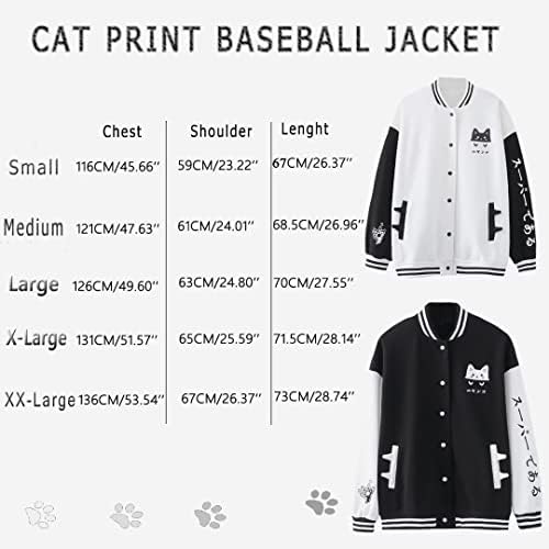 Симпатична мачка бејзбол јакна Худи Долга ракав Обичен џемпер со преголема каваи печати пуловер естетски палто за девојче