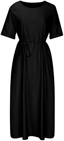 ЛМДУДАН летен долг фустан за жени памучни постелнини странични обликувања мода цврста боја на вратот со кратки ракави џебови фустан