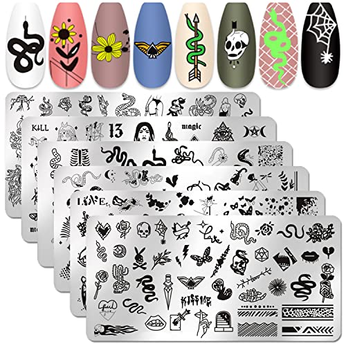 Silpecwee 6 парчиња Змија за печатење на нокти Апстрактна марка за нокти, пеперутка нокти матрици шаблони за нокти за нокти,