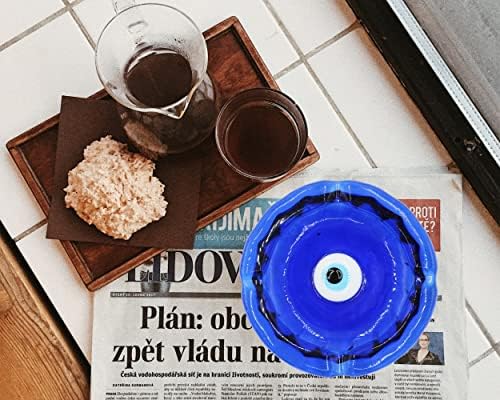 Kuchengerate Glass Evil Eye Nazar Round Cycrette Ashtray 11cm/4,3 инч - 4 држач класичен стил преносен погоден за внатрешна употреба