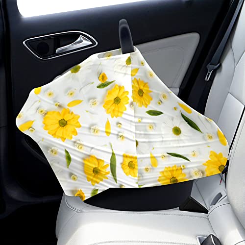 Бебе автомобил за седиште на автомобили ги покрива цвеќињата од камилица жолта бела медицинска сестра капаче за доење на шамија