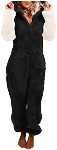 Womenените зип-ап качулка плишани долги ракави пижами, унисекс возрасна зима топла Шерпа ромпер руно, комбинезон за спиење