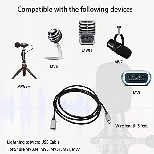 IOS 15 до MicroUSB OTG кабел се компатибилен со Shure MV5, MV51, MV7, MV88+ и MVI, Motion Products, 1,5M 5Feet, за iPhone 13 12 Mini
