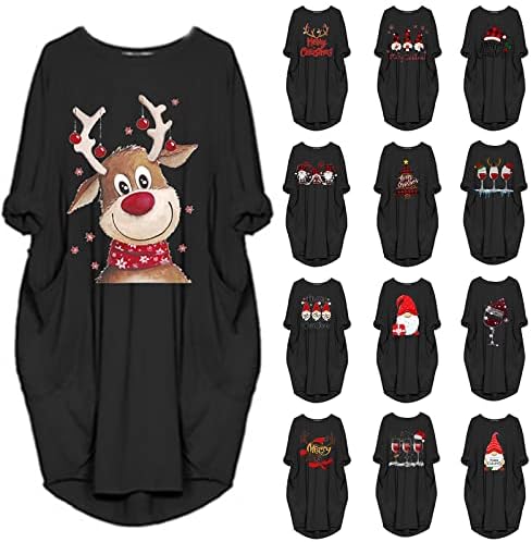 Ruziyoog Среќен Божиќен женски туничен фустан обичен екипаж врат преголема маица облечена обична лабава симпатична Божиќна печатена