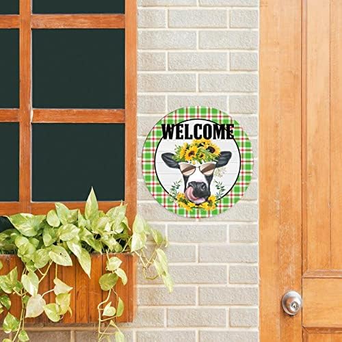 Сончоглед симпатична крава тркалезна метална знак ирски декор фарма куќа карирана кравја метал венец знаци добредојде знак метал