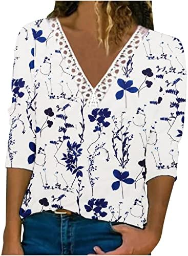 Женска модна цветна печатена маица против вратот од вратот чипка на врвови со лекови на 3/4 ракави блузи 2023 летни кошули