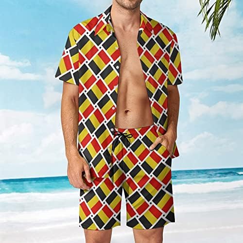 Weedkeycat Белгиско знаме машка облека за плажа 2 парчиња Хавајско копче надолу со кошула Краток ракав и шорцеви