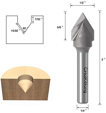 Router ChoikWong V Groove Bit 60-степени 1/2-инчен дијаметар за сечење 1/4 инчен Shank CNC, гравура за гравура на карбид, комори, алатка за обработка на дрво