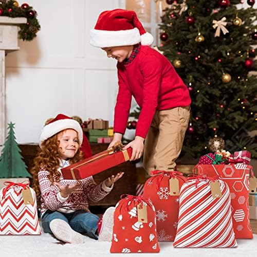 Advantez за еднократно Божиќни торби за подароци, 6 парчиња божиќни торби за подароци собрани големини на ткаенини торби со подароци со влечење за божиќна благодарност