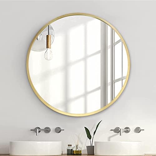 Зенида тркалезно огледало на wallидот, 24-инчен огледало со голем круг, златен метал врамен огледало за бања, декоративно тркалезно огледало
