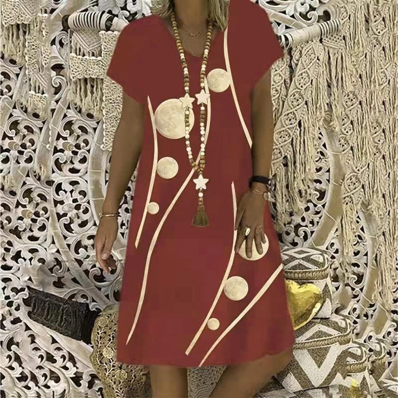 Hosенски жени летни трендовски маички фустани случајни кратки ракави против вратот мини фустан, печатење смена за менување туничен фустан удобно