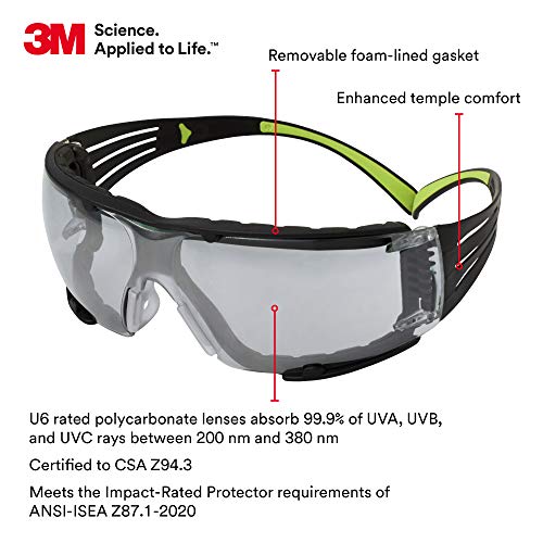 Безбедносни очила од 3М, Securefit, ANSI Z87, затворен/отворен, анти-гребење, огледални леќи, зелена/црна рамка, отстранлив заптивка од пена,