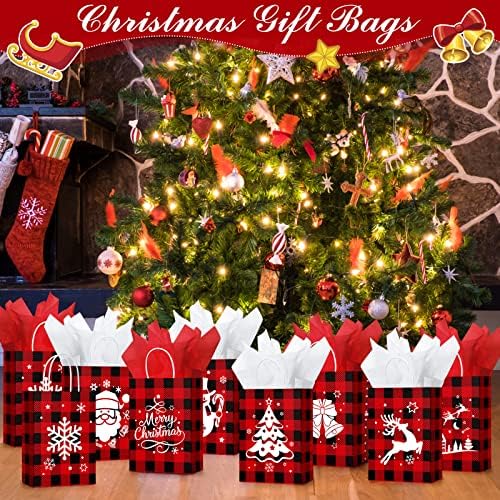 24 Парчиња Божиќни Торби За Подароци Со Марамче Хартија, Биволи Карирани Торби За Лекување Среќен Божиќ Дедо Мраз Божиќ Крафт