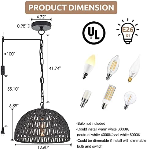 Elyccupa рачно ткаени ратан црна приклучок во приврзок светло со прилагодлив ланец Преоден минималист Бохо купол плетен приврзок виси светло за кујнски остров трпеза?