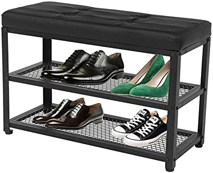 NC Entrageway Shoe Rack со перничено седиште, организатор на чевли од 3 нивоа, боја на Blcak