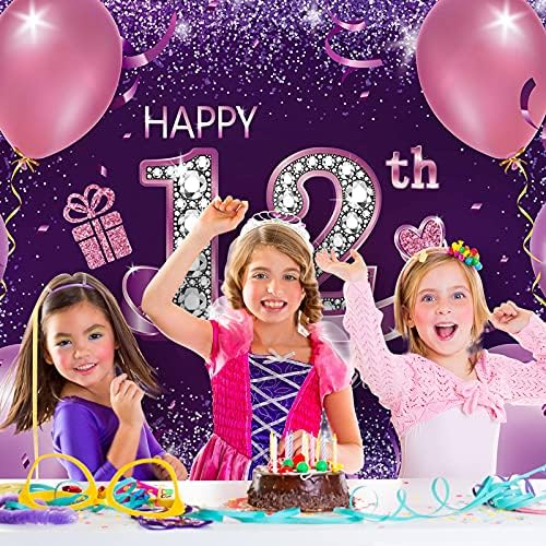 Среќни роденденски украси за забава, голема ткаенина Среќна 12 -годишнина од роденденскиот знак за роденденски знак за розово виолетова фото штанд