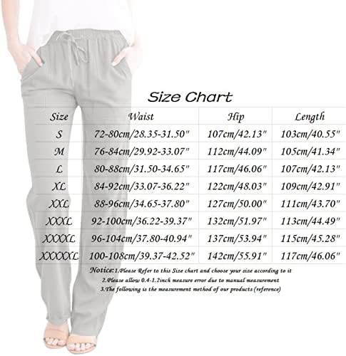 Kcjgikpok женски постелнини панталони, обичен високо половината со високи половини со права памучни ленти со памучни панталони со џебови панталони