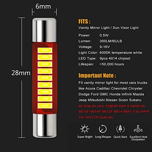 Dodofun Vanity Mirror Sun Visor LED LED светлосен осигурувач Тип 6000K Бела сијалица од 28мм Фестон за 12V Број на акции 6615F 6612F T-2 SF6/6 пакет од 10