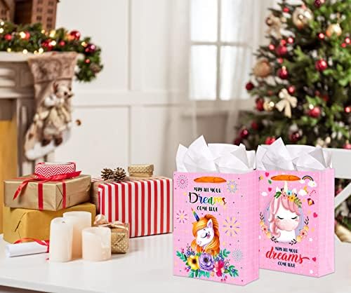 XJF Голема Торба За Подароци Од Еднорог, 13 Торби За Роденденски Подароци Со Ткивна Хартија И Честитка За Еднорог За Девојчиња Божиќен Роденден