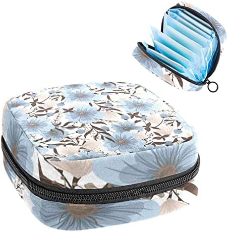 Торба за складирање за санитарни подлошки за салфетка, торбичка за менструална чаша, организатор на торби за периоди за женски тампони, светло сино цвеќе беспрекор