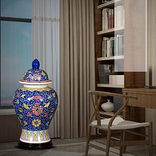 Тегла Антички кинески керамички ѓумбир со капаци, тегла за храм во стилот на Минг, рачно изработена декоративна вазна за цвеќиња за дневна