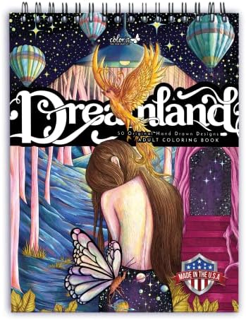 Книга за боење на лушпите за боја на Dreamland Bound, 50 уникатни концепти за соништа, печатени еднострани на густа хартија со корица на книги