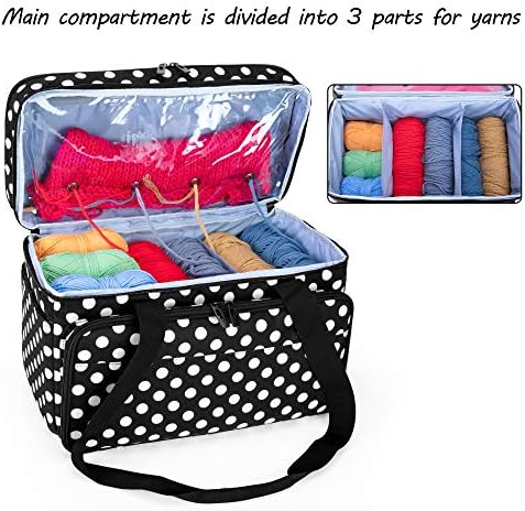 Curmio двослојно плетење торба, торба за складирање на предиво со прегради за куки за капчиња, игли за плетење, проект за плетење и додатоци, црна точка