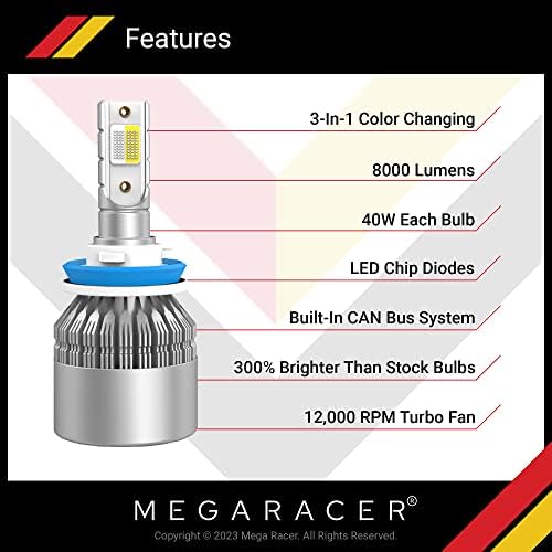 МЕГА Тркач H11/H8/H9/H16 LED Светилки За Фарови, 3 Бои Што Менуваат Светла За Долго Светло, Средно Светло или Светло За Магла, 50w