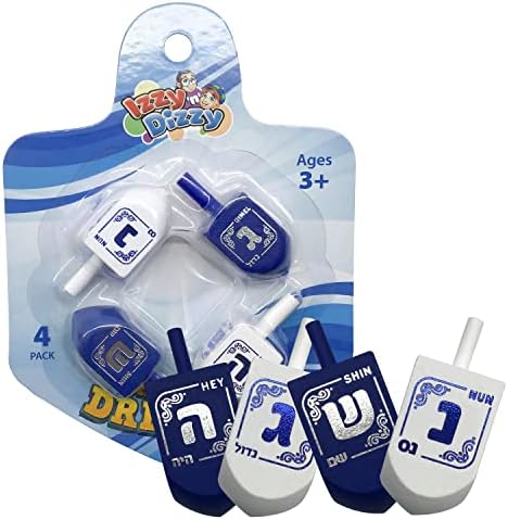 Izzy 'n' Dizzy Hanukkah Dreidels - сино -бел дрвен Дрејдел - 4 пакет средно - обоени со рака - вклучени упатства за игра