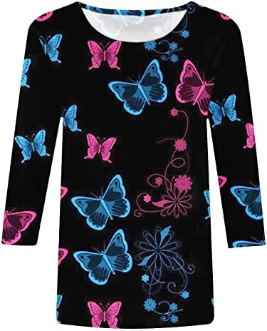 Долг ракав 3/4 ракав 2023 Моден памучен екипаж врат лабава фит салон кошула за блузи за жени есен летен графички кошула