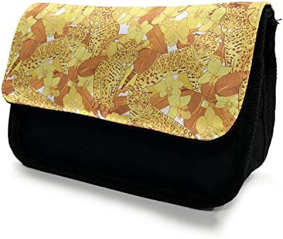 Случајна кутија со молив на гепард, орхидеи и савана животно, торба со молив со ткаенини со двоен патент, 8,5 x 5,5, жолто темно портокалово и карамела