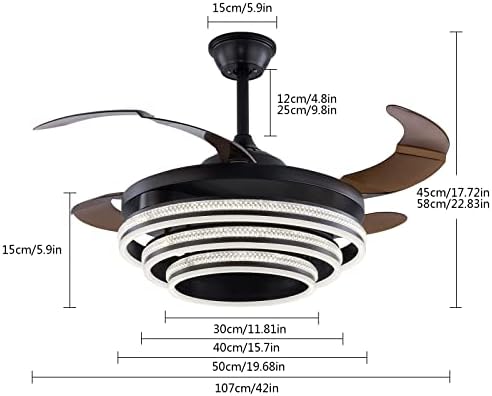 ЈИЈИБИУС 42 Тавански Вентилатор Што Се Повлекува, Тавански Вентилатор Со Црн Тајминг Во 3 Бои Со Светла И Далечински Управувач,