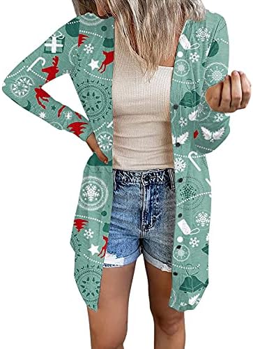 Божиќен костум за жени 2022 Божиќ Кардиган Дедо Мраз печати долг ракав отворен предни џемпери трендовски палта за надворешна облека