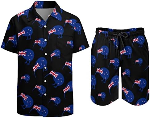 Weedkeycatу Нов Зеланд Киви Птица за машки плажа облека 2 парчиња Хавајско копче надолу со кошула Краток ракав и сет на трупки од шорцеви