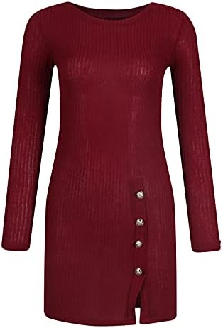 Женски секси џемпер фустан со цврста боја, странична боја, тенок, копче за вратот со долги ракави, плетен фустан џемпер зима