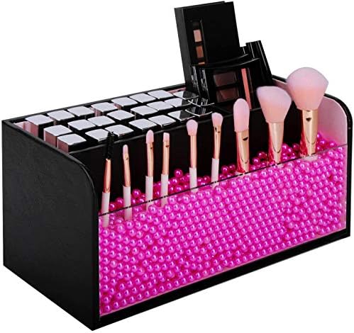 Џеккуб ДИЗАЈН Џеккубедизајн Организатор На Шминка Со Розови Бисери, Црна Кутија За Козметичко Складирање Со Држач За Четка,