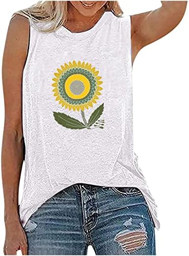 Hanенски резервоари на ishишилиуман врвови летни маици со сончогледни графички маички обични лабави туники блузи со тркалезна маичка