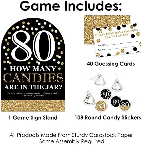 Голема точка на среќа возрасен 80 -ти роденден - злато - роденденска забава за бонбони игра и тркалезна чоколадна налепница за фаворизии - 149 парчиња виртуелен пакет