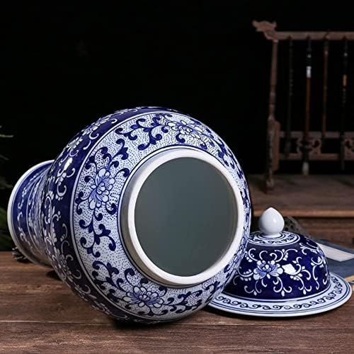 Аадекор керамички тегли, тегла за чај, тегли за складирање на кинески стил, тегла со сина и бела ѓумбир, тегла со рачно насликани храм, керамички