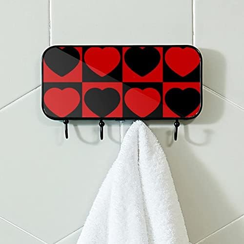 Црвена Црна Љубов Срце Шема Печатење Палто Решетката Ѕид Монтирање, Влезот Палто Решетката со 4 Кука За Капут Шапка Чанта Облека Бања Влезот Дневна Соба