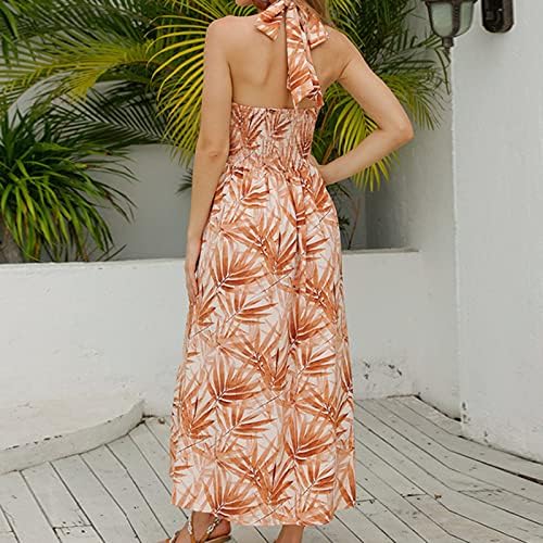 Фустани за плажа за жени залепени ленти за вратот без ракави лабава лесен фустан Бохо цветни печати за одмор