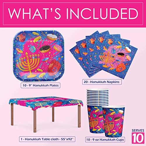 Сет на хартија за хартија од Izzy 'N' Dizzy Hanukkah - Mega Pack - Служи 10 - чинии, чаши, салфетки, чаршав