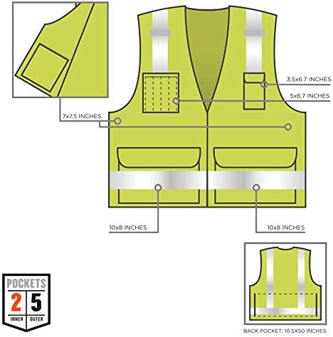 Ergodyne - 21425 Glowear 8250Z ANSI вар геодети рефлексивни безбедносни елек со задниот џеб, голем/x -голем